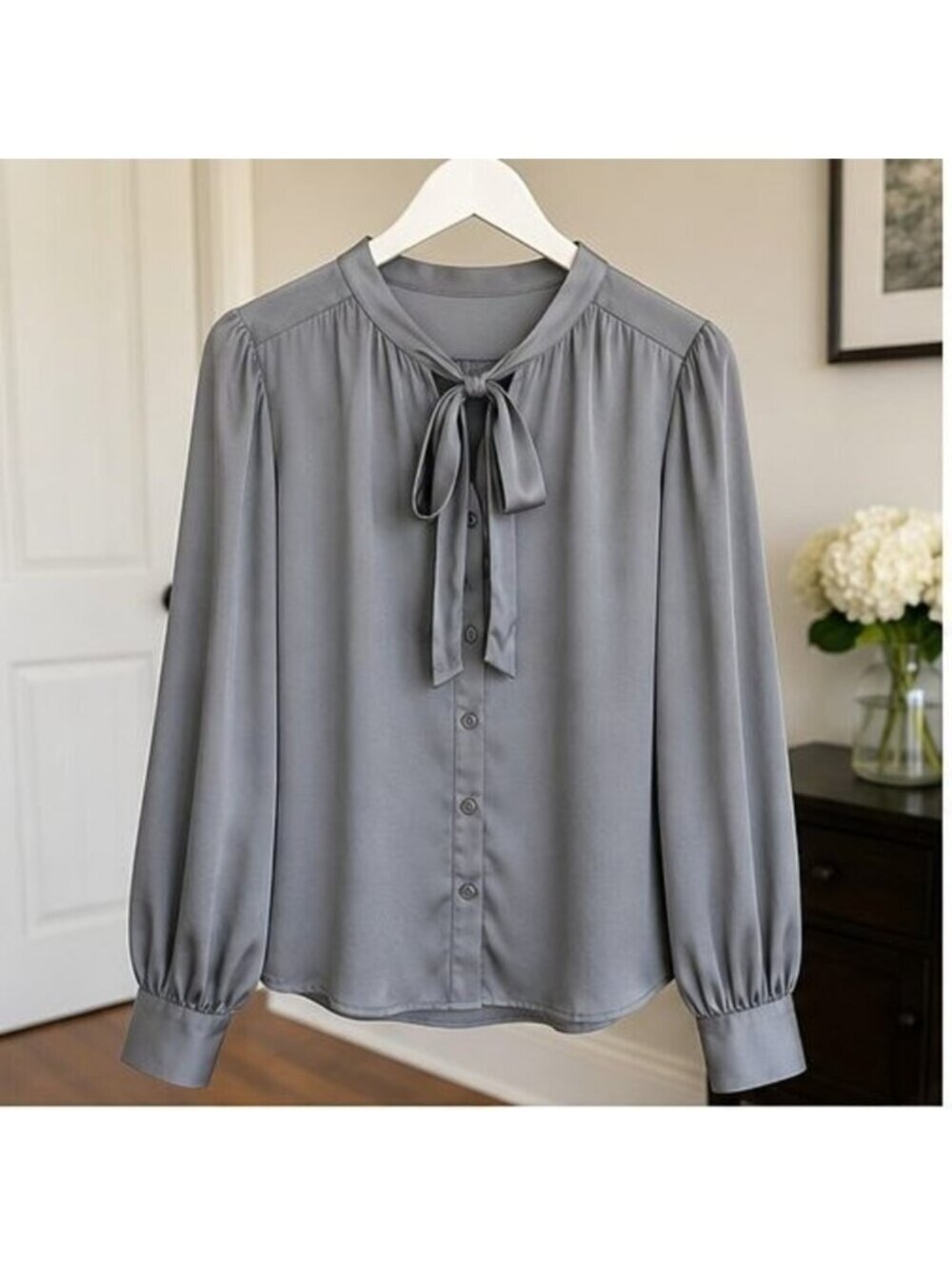 Gray Tie Neck Blouse